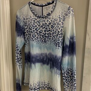 Leopard Print Mesh Long Sleeve Top - Blue and White